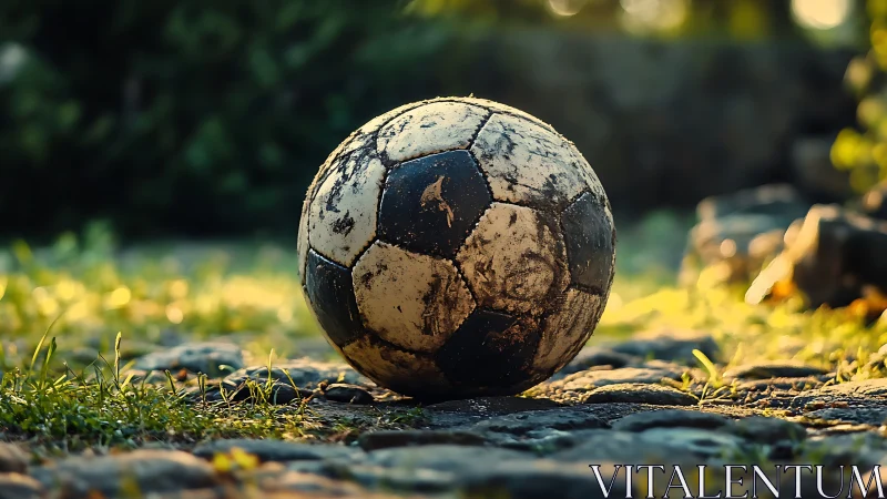 Weathered soccer ball on sunlit cobblestone ground.