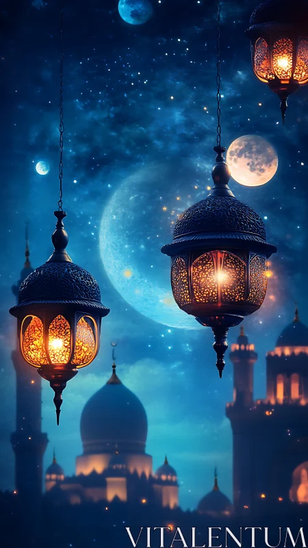 Digital painting of ornate lanterns over celestial mosques.