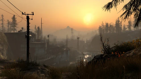 Sunset quiets a misty industrial valley in soft amber light.