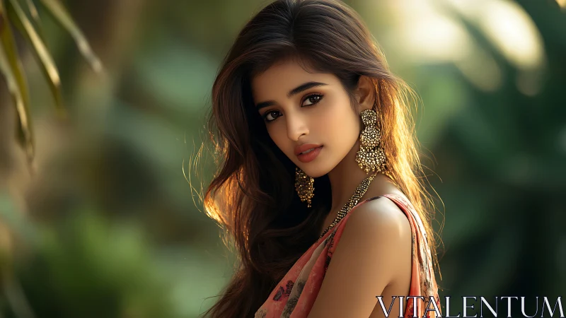 Golden hour portrait highlights jeweled elegance outdoors.