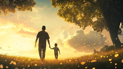 Sunlit father and child walking through glowing meadow.