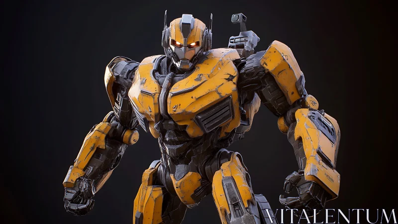 Yellow armored humanoid mech stands against dark backdrop