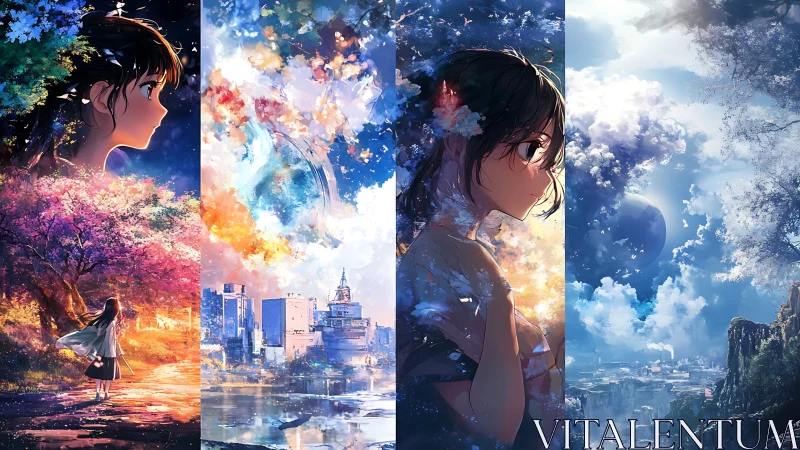 Quad-panel anime skyscapes with seasonal urban dreamscapes.