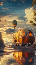 Sunlit retro caravan under dramatic cloud deck at dusk