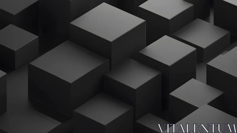 Quiet black cubes rise gently in a calm geometric city