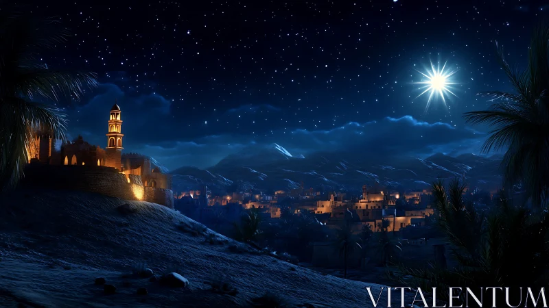 Night desert town under star-filled sky with bright celestial body