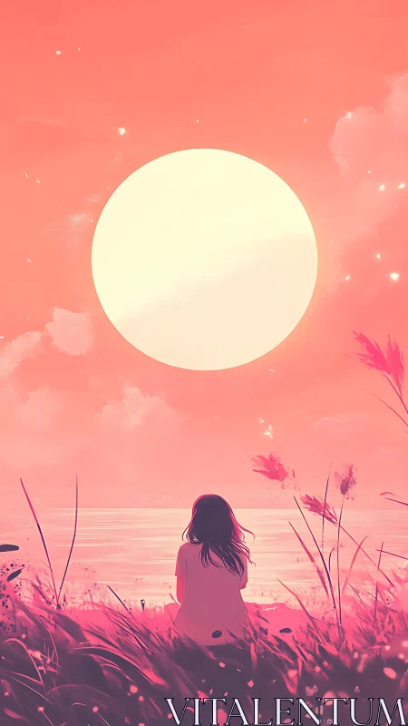 Silhouetted figure observes large sun over stylized shoreline