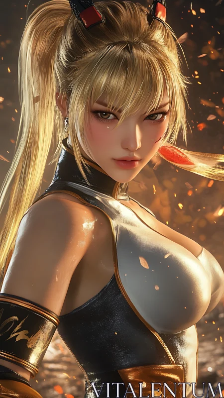 Digital painting of fierce warrior heroine in ember-lit armor.