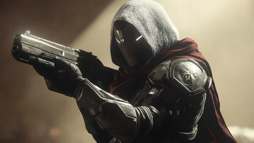 Hooded space guardian aims forward with quiet resolve.