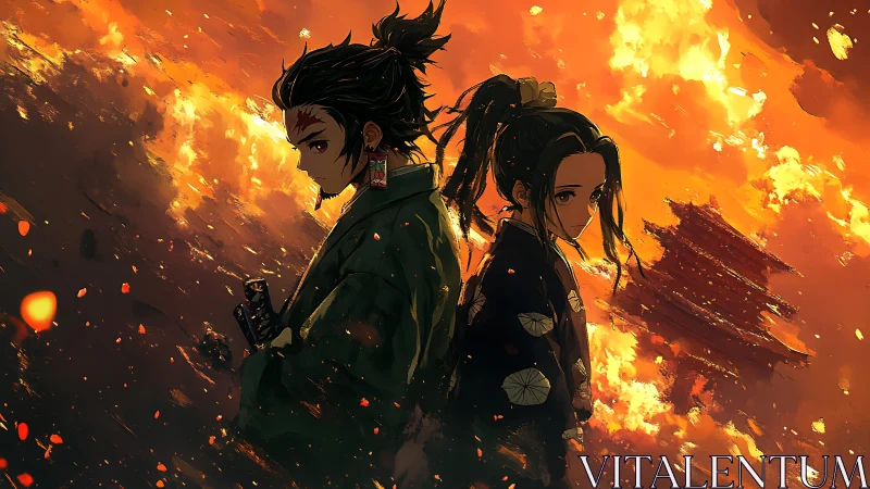 Samurai duo stand back to back in blazing twilight inferno.