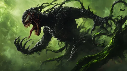 Ravenous symbiotic titan roaring through toxic emerald fog.