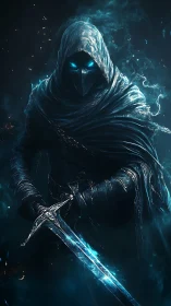 Hooded wraith warrior holds glowing frostforged sword