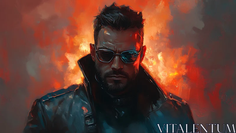 Brooding cyber renegade framed in molten ember light.