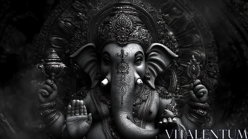 Monochrome Ganesh deity sculpture in dramatic photorealism.