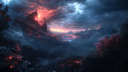 Ember-veined valley beneath a storm-crowned volcanic dawn.