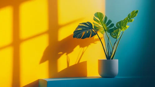 Monstera houseplant under bicolor window light geometry.