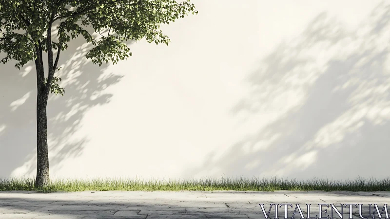 Tree casting shadows on blank wall in soft daylight.