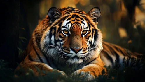 Resting tiger in dim forest under soft directional light.