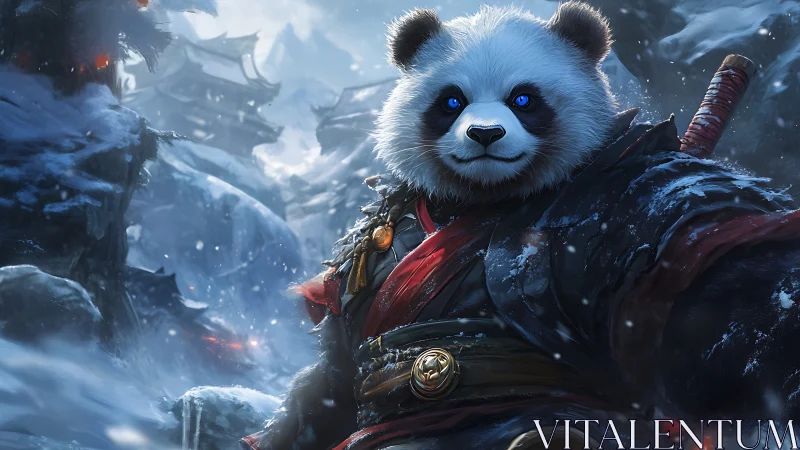 Panda warrior stands in snowy mountain village landscape