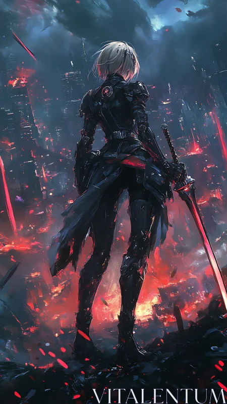 Cybernetic swordswoman over burning neon megacity ruins.