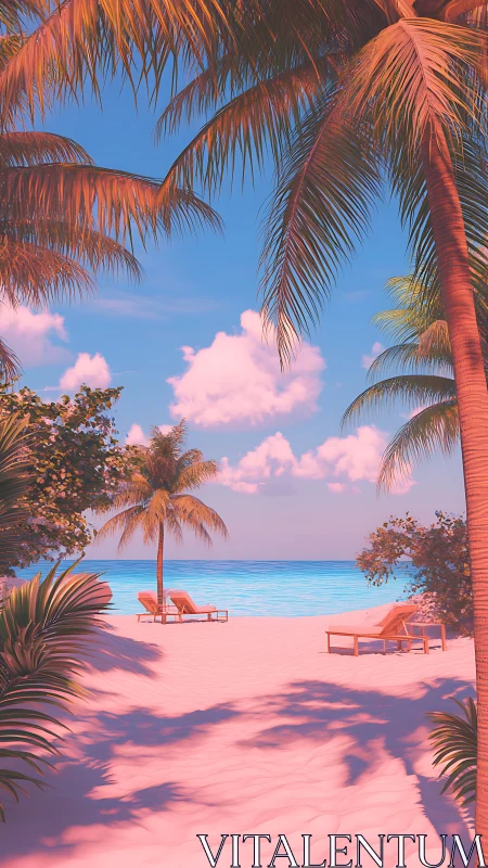 Tropical Beach Paradise with Palm Trees and Cyan Waters Under Gradient Sky