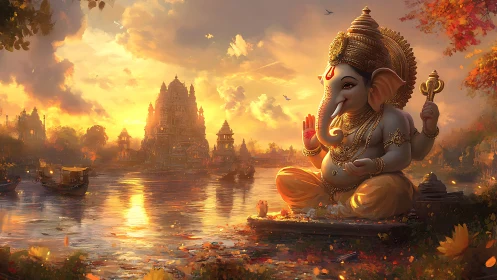 Golden river dawn with serene Ganesha blessing the temples.