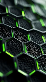 Hexagonal black grid with vivid green light details.