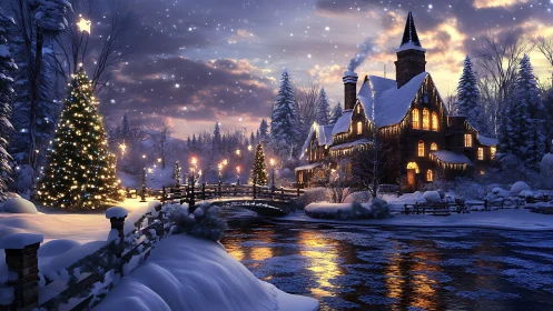 Snow-covered riverside cottage with illuminated trees at dusk.