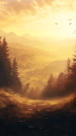 Golden hour mountain valley trail with warm atmospheric haze