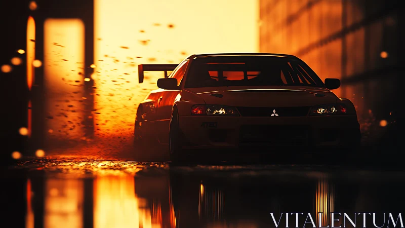 Racing coupe powers through sunset city street scene.