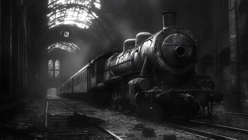 Ghost locomotive broods in a crumbling cathedral of steam.