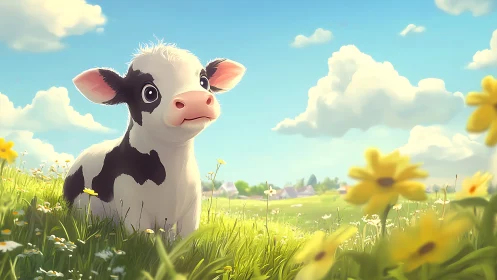 Young cartoon calf in sunlit flowered meadow landscape.