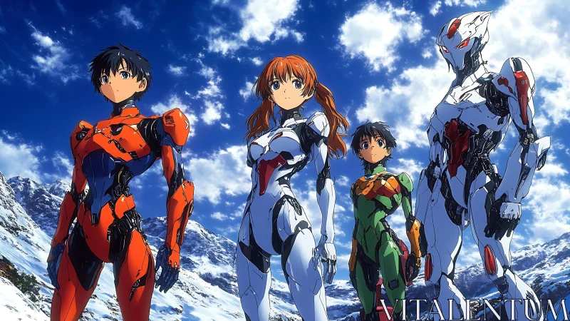 Armored anime heroes stand united beneath a vivid winter sky