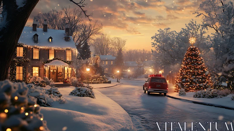 Snow covered suburban street with winter holiday lighting.