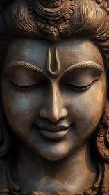 Serene bronze deity face aglow with quiet meditative grace.