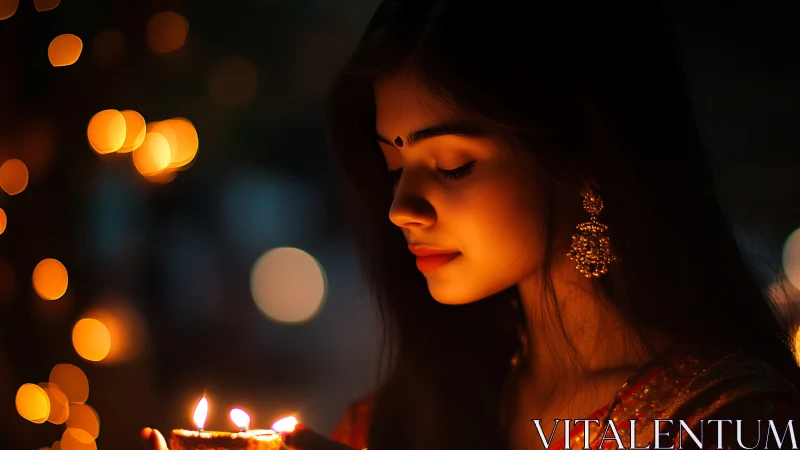 Young woman in traditional attire holding diya, soft bokeh lights.