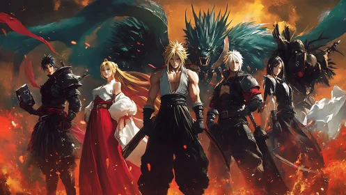 Heroic fantasy warriors framed by infernal embers and beasts.