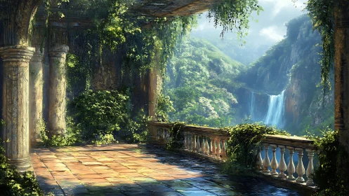 Sunlit ruined terrace overlooks lush valley waterfall