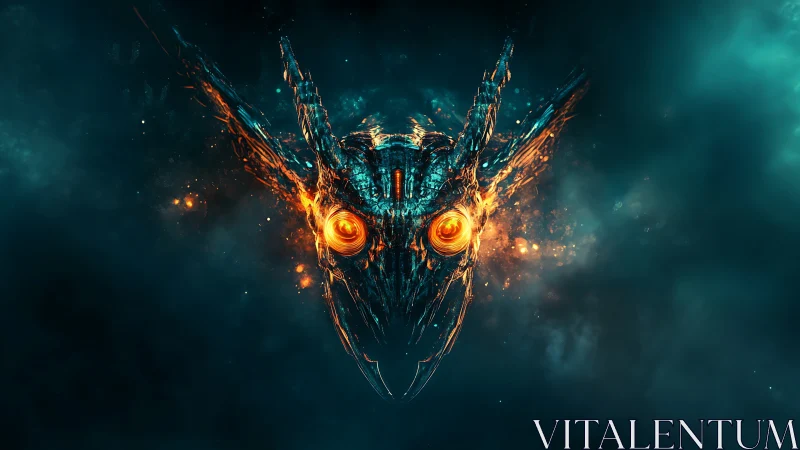 Symmetrical fiery mechanical skull form in cosmic void.