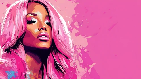 Pink siren in neon splashes, gazing with glossy defiance.