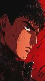 Side profile of anime character against saturated red background