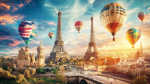 Digital Parisian skyline with hot air balloons in radiant sunset.
