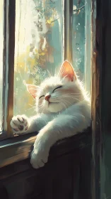 Serene White Cat Basking in Warm Afternoon Window Light