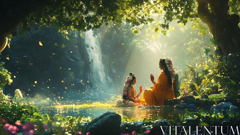 Two robed figures by forest pool under dappled light.