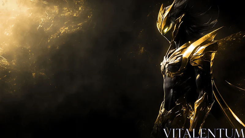 Golden armored warrior emerges from swirling cosmic light.