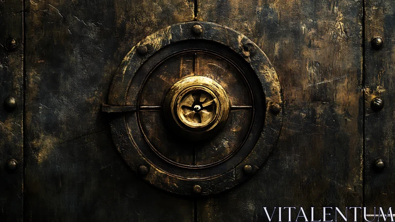Aged metallic vault door shows worn circular locking wheel.