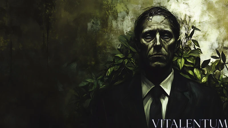 Forlorn suited figure framed by invasive verdant foliage.