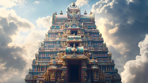 Tiered South Indian style temple gopuram against clouds.