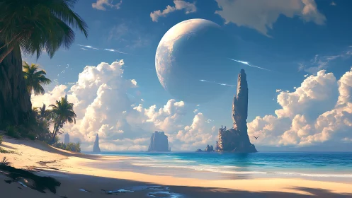 Alien Beach Paradise With Twin Moons and Rock Formations.