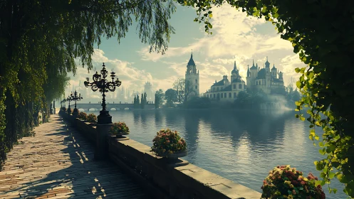 Sunlit riverside promenade facing distant fairytale castle.